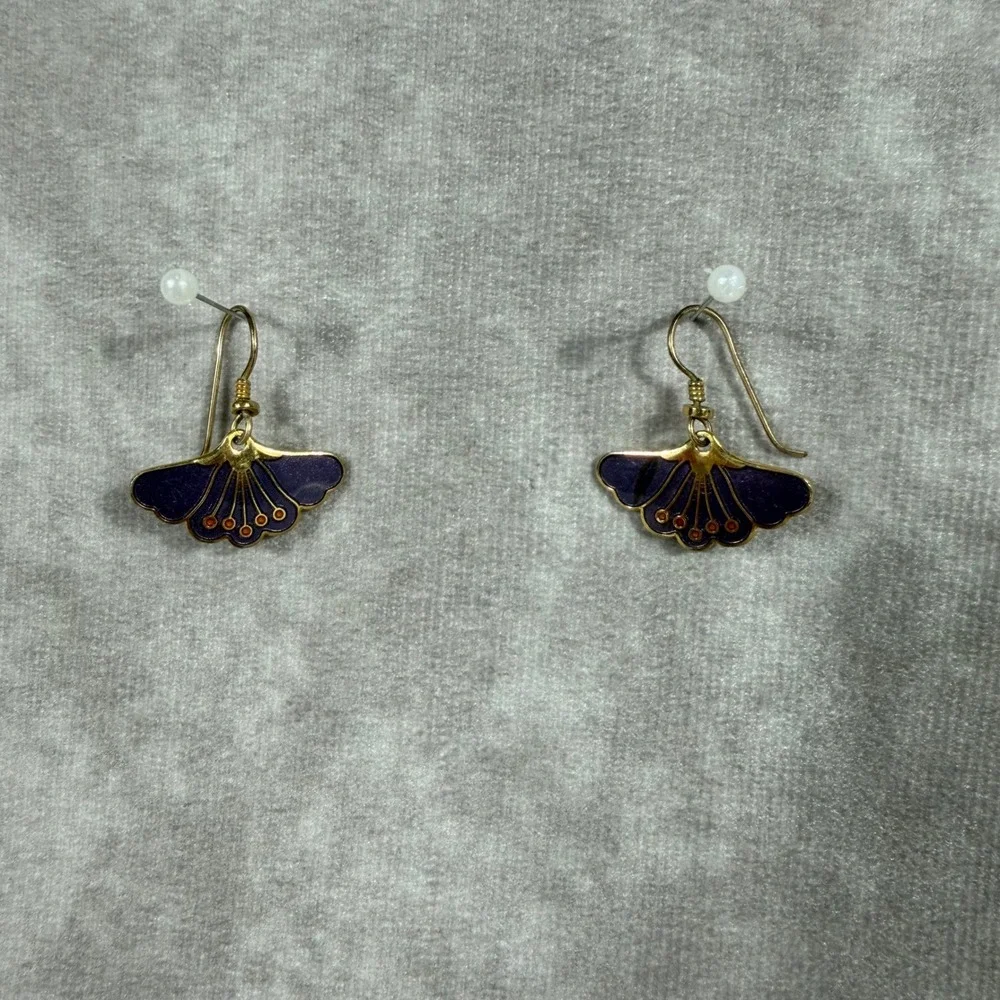 Vtg Laurel Burch Cloisonné Drop Earrings Set Purple Fan & Cream Orchid Gold Tone